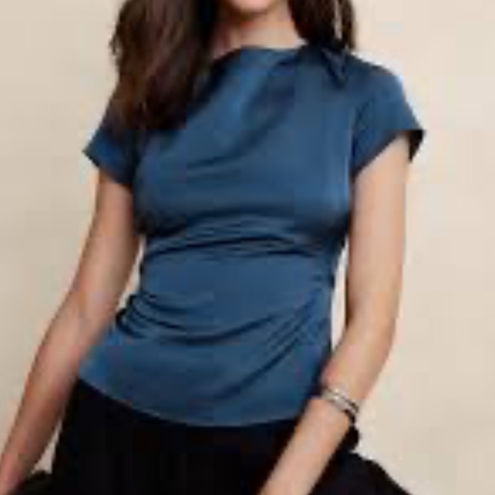 Banana Republic Blue Short-Sleeve Draped Blouse